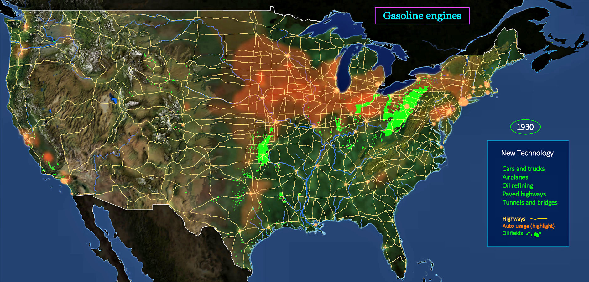 Gasoline, cars, highways, 1930 map